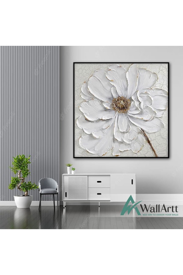 White Flower with Gold Buds Heavy Textured Partial Oil Painting